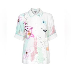 Oliver Bonas Printed Artful Short Sleeve Collared Shirt Button Front Size 8 244